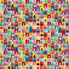 Wall Mural - Collage of faces of happy people on multicolored backgrounds. Happy men and women smiling. Human emotions, facial expression concept. Different human facial expressions, emotions, feelings.