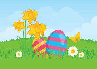 Wall Mural - Painted easter eggs on a spring meadow vector. Yellow daffodils and painted easter eggs vector. Beautiful fresh spring landscape vector. Spring easter meadow illustration