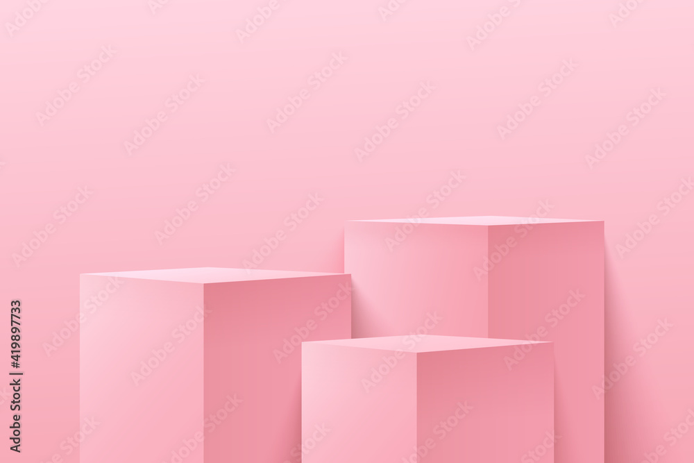 Modern light pink cube step pedestal pedestal podium with empty room background. Abstract vector rendering 3d shape for cosmetic products display presentation. Pastel minimal scene studio room. - obrazy, fototapety, plakaty 