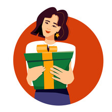 young pretty asian woman holding a gift box with a yellow bow in her hand. Give or receive gifts, perhaps make purchases. Flat vector illustration isolated on ginger background.