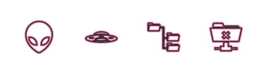 Poster - Set line Alien, Folder tree, UFO flying spaceship and FTP cancel operation icon. Vector