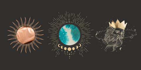 Wall Mural - chic golden luxurious retro vintage engraving style. image of the sun and moon phases. culture of ac