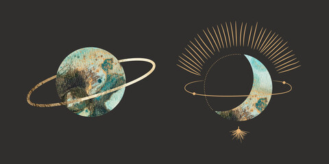 Wall Mural - chic golden luxurious retro vintage engraving style. image of the sun and moon phases. culture of ac