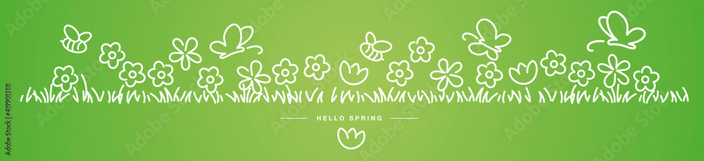 Hello Spring background, banner, pattern handwritten design with bees, butterflies and colorful spring flowers in grass green isolated - obrazy, fototapety, plakaty 