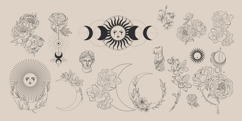 Vector illustration set of moon phases. Different stages of moonlight activity in vintage engraving style. branches of plants and flowers. sacred isoteric geometry