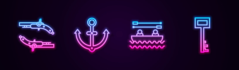 Canvas Print - Set line Vintage pistols, Anchor, Boat with oars and Pirate key. Glowing neon icon. Vector