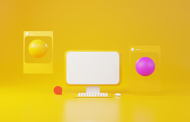 Aufkleber - Communication platform social media application concept, online in the world of internet, chatting and expressing opinions Through computer and smartphone yellow background. 3d render