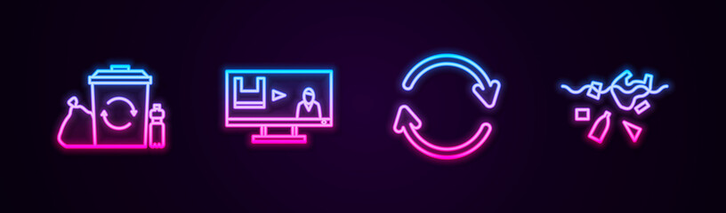Poster - Set line Recycle bin with recycle, Stop plastic pollution, Refresh and Problem of planet. Glowing neon icon. Vector