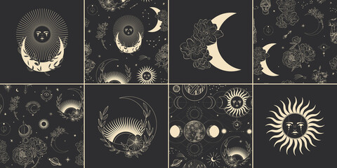Wall Mural - vector illustration set of moon phases. different stages of moonlight activity in vintage engraving 