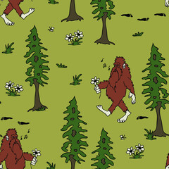 Seamless vector pattern with happy Bigfoot on green background. Cartoon animal forest wallpaper design. Legendary monster fashion textile.