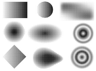 Wall Mural - Set of halftone dots curved gradient pattern texture isolated on white background. Curve dotted spots using halftone circle dot raster texture collection. Vector blot half tone collection.