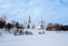 View Of Vologda Kremlin, Saint Sophia Orthodox Cathedral And Church Of Resurrection Of Jesus From The Vologda River On A Cloudy Winter Day, Vologda, Russia