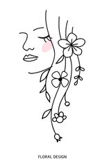Aufkleber - One line drawing. Abstract beautiful girl with flower and leaf in long hair. Decorative female beauty icon and floral pattern. Vector illustration	