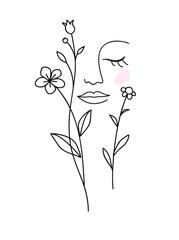 Aufkleber - One line drawing. Abstract beautiful girl with flower. Female beauty icon. Vector illustration	