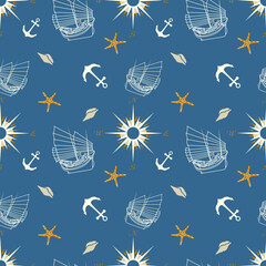 Wall Mural - Nautical marine elements seamless pattern with old vintage sailboat, anchor, seashell, starfish with navigation compass travel background design