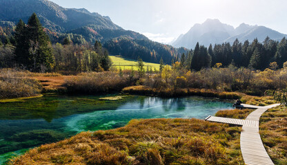 Poster - Awesome Alpine Valley during sunset with majestic mountain peak on background Scenic image of nature at lake Zelenci in autumn. Zelenci nature reserve. Triglav national park. Kranjska Gora, Slovenia.