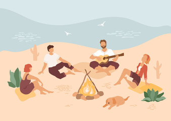 Group of young abstract people sitting on the seaside, playing guitar and relax. Dog sleeping near campfire. Outdoor scene with beach, waves, birds silhouette. Summer vacation, weekend concept.