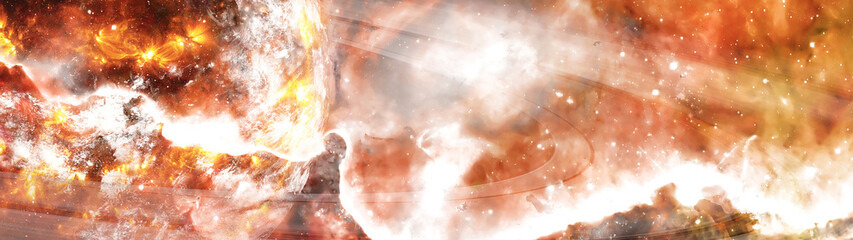 Wall Mural - exploding exoplanet earth with ring in outer space. science fiction. 3d rendered ultrawide illustrat