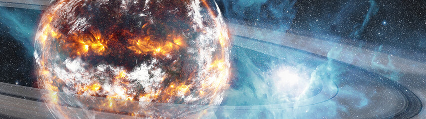 Wall Mural - exploding exoplanet earth with ring in outer space. science astronomy concept ultrawide wallpaper. 3