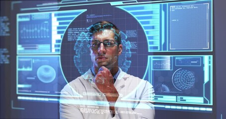 Poster - Animation of male scientist behind digital screen with covid 19 cell and medical data