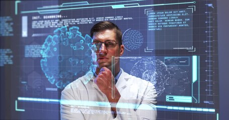 Poster - Animation of male scientist behind digital screen with covid 19 cell and medical data