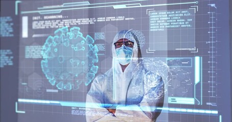 Poster - Animation of male scientist behind digital screen with covid 19 cell and medical data