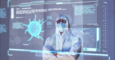 Poster - Animation of male scientist behind digital screen with covid 19 cell and medical data