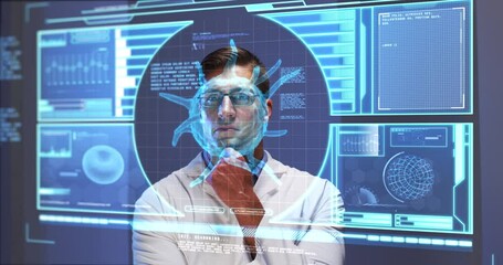 Poster - Animation of male scientist behind digital screen with covid 19 cell and medical data
