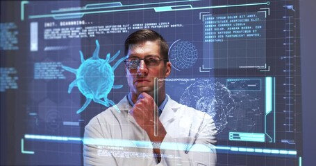 Poster - Animation of male scientist behind digital screen with covid 19 cell and medical data
