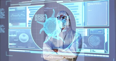 Poster - Animation of male scientist behind digital screen with covid 19 cell and medical data