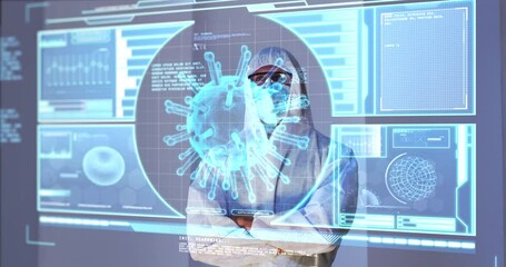 Poster - Animation of male scientist behind digital screen with covid 19 cell and medical data