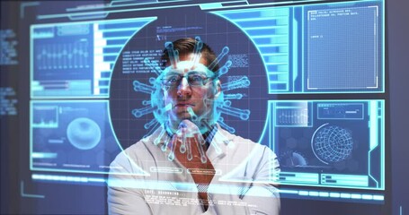 Poster - Animation of male scientist behind digital screen with covid 19 cell and medical data