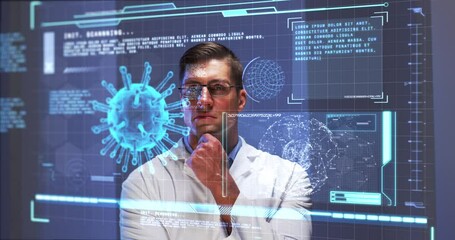 Poster - Animation of male scientist behind digital screen with covid 19 cell and medical data