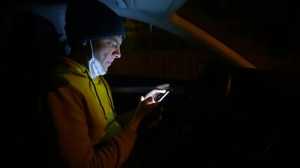 Poster - A man in a mask with a beard uses a phone in a car in a parking lot at night. Preparing the navigation app before departure. Search for a destination on the map.