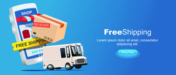 Wall Mural - free shipping promotion web banner.  smarphone application with shopping apps, package and delivery cargo. 3d style vector illustration