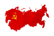 USSR country silhouette, soviet sickle and hammer symbol on red