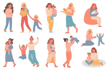 mother and kid. pregnant woman, mom play with son, hold baby, hug daughter and read book. happy moth