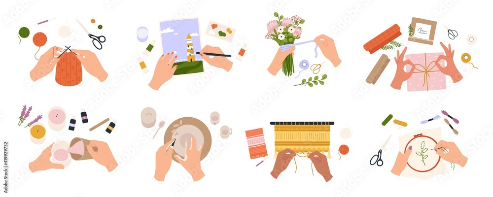 Hands create crafts. Handmade hobbies, creative work and art. People knit, draw, embroider, make candles and bouquets, top view vector set - obrazy, fototapety, plakaty 