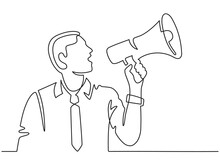 Continuous Line Man With Megaphone. Male Silhouette Screams In Loudspeaker. Businessman Hires Employee, Protests Or Announces Vector Concept