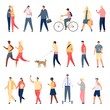© Tartila - People walk. Flat characters walking with dog outdoor, riding bicycle and hoverboard and running. Men and women crowd on street vector set