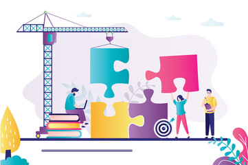 Wall Mural - Cartoon men and women solving jigsaw puzzle. Crane lowers large piece of puzzle. Joint work team support and business development