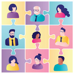 Wall Mural - Cartoon business people work together with in company. Men and women in puzzle pieces