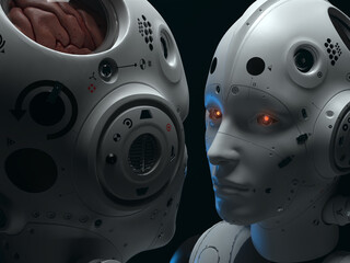 portrait of two robotic women looking at each other. abstraction on the topic of technology and games. 3d illustration