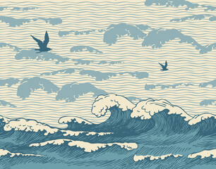  Vector seamless pattern with hand-drawn seascape in retro style with blue waves, seagulls and clouds in the sky. Repeating illustration of the sea or ocean, water waves on the old paper background