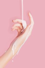 Hand Isolated With Splash Of White Liquid 3d Realistic Vector Illustration.Manicure Mockup. Soap, Shampoo, Shower Gel, Milky Lotion On Hand, Skin Spa Care. Cosmetic Poster 3d Hands. Pink Women Gloss