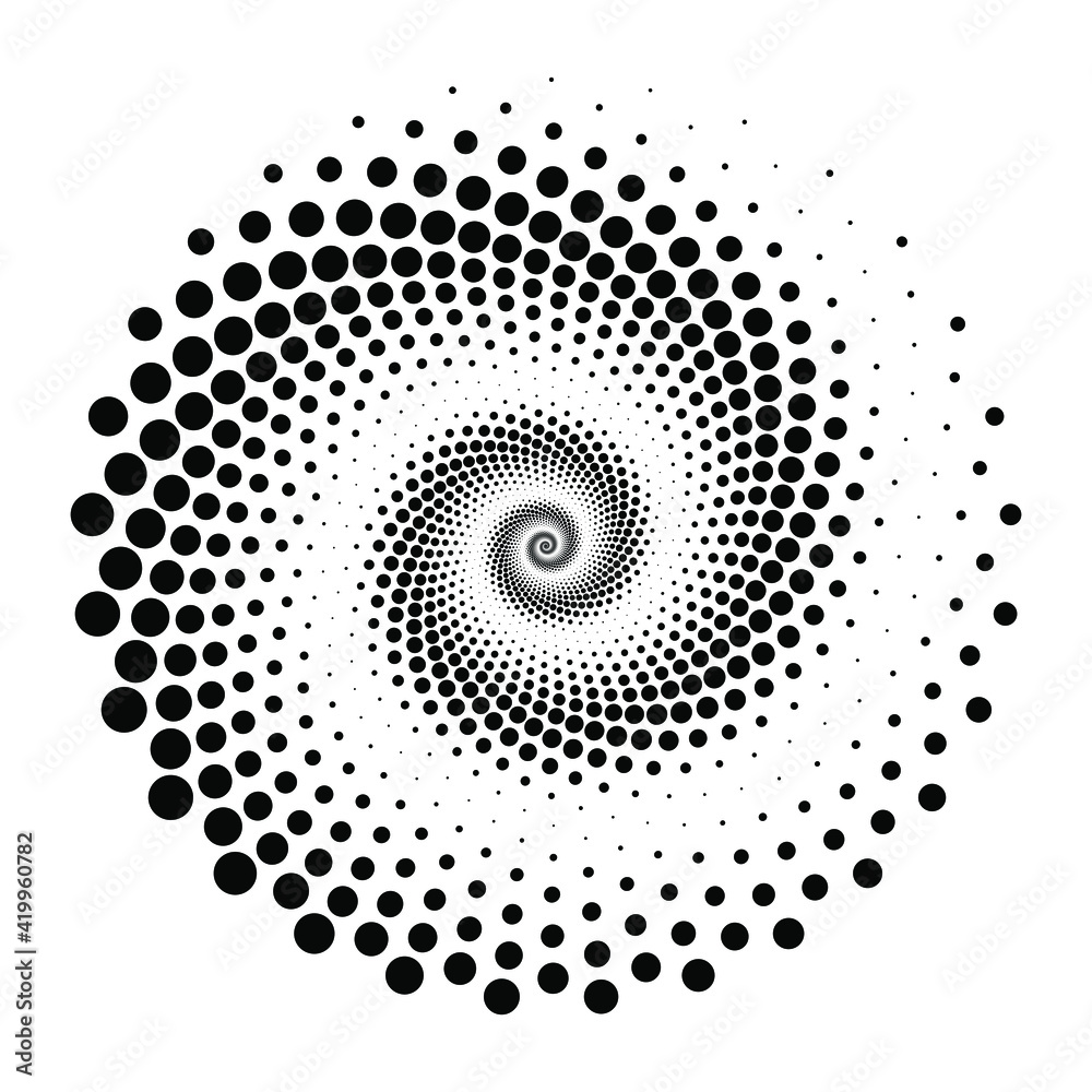 Black spiral halftone dotted shape. Geometric art. No gradient. Trendy ...