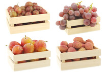 Assorted Fruit In A Small Wooden Box On A White Background