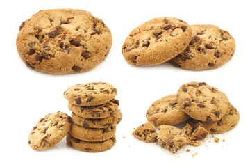 Wall Mural - Crunchy chocolate chip cookies on a white background