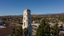 Aerial Afternoon View Of The Historic Religious Center Of Downtown Pomona, California, USA.
