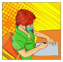 Female Student In Face Mask Taking Educational Test, Writing Answer. University, College Classroom. School Exam. Comic Book Style Cartoon Vector Illustration.